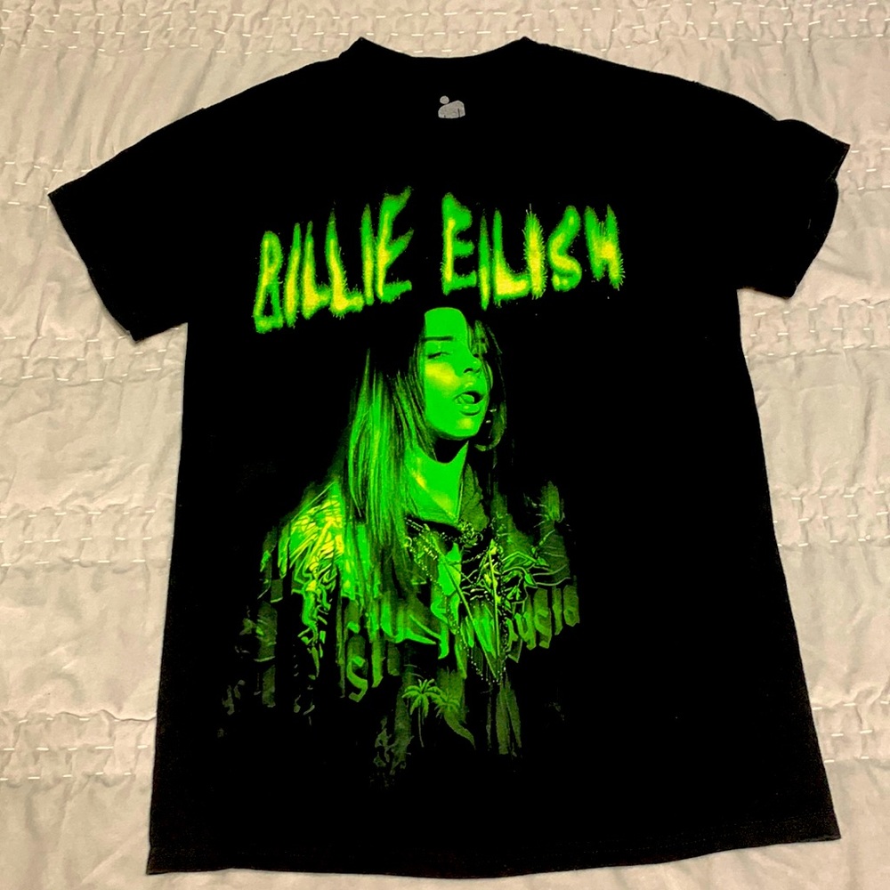 Billie Eilish Musician Pop Star T-shirt Top Black Bright Green Small Adult